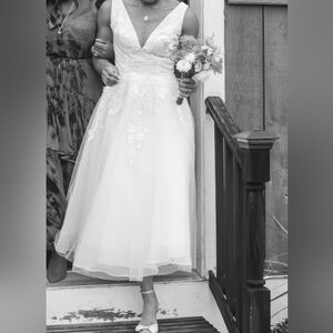 David's Bridal DB Studio Tea Length Plunging Neckline Wedding Dress (Size 4)